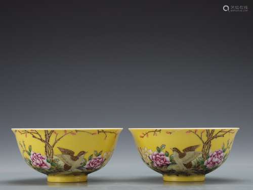 Enamel flower and bird pattern bowl