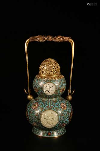 Gourd-shaped Cloisonne Censer with Jade Inlay