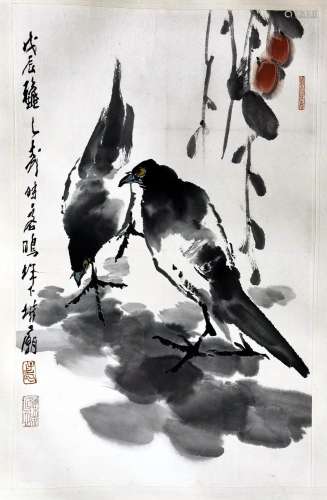 CHINESE SCROLL PAINTING OF BIRD UNDER WILLOW SIGNED BY