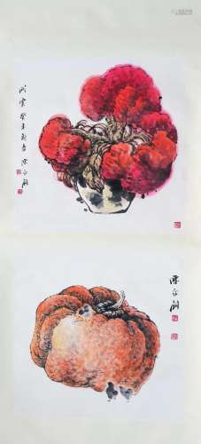 CHINESE SCROLL PAINTING OF FLOWER AND PUMPKIN SIGNED BY