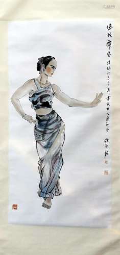 CHINESE SCROLL PAINTING OF FEMALE DANCER SIGNED BY CHEN