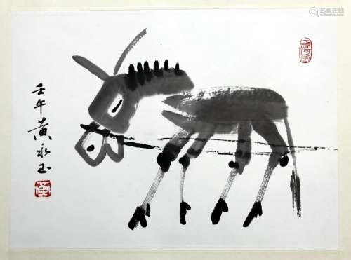 CHINESE SCROLL PAINTING OF DONKEY SIGNED BY HUANG