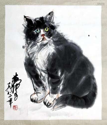 CHINESE SCROLL PAINTING OF CAT SIGNED BY HUANG ZHOU