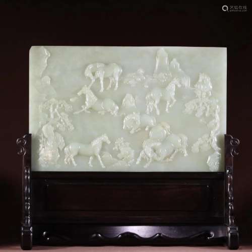CHINESE WHITE JADE PLAQUE OF EIGHT HORSE ROSEWOOD TABLE
