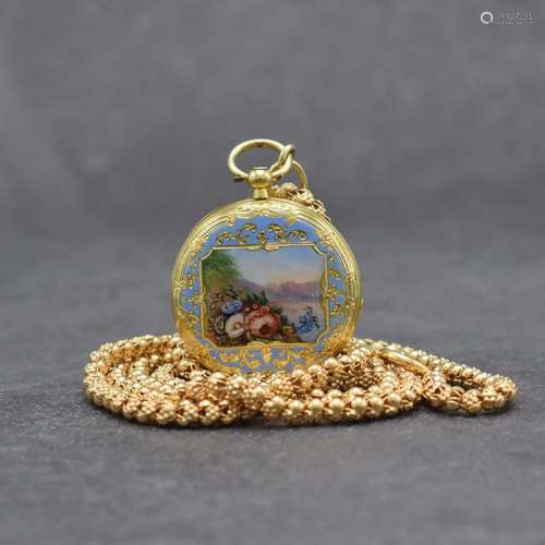 Open face 18k yellow gold ladies pocket watch