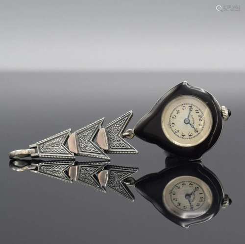 ALBUSE fine sterling silver Art-Deco pendant watch