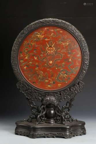 CHINESE RED LACQUER DRAGON ROUND PLAQUE ZITAN TABLE