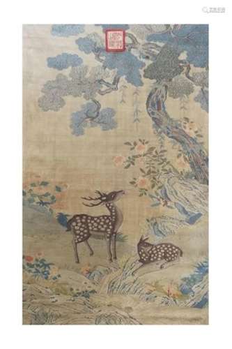 CHINESE KESI EMBROIDERY TAPESTRY OF DEER UNDER PINE