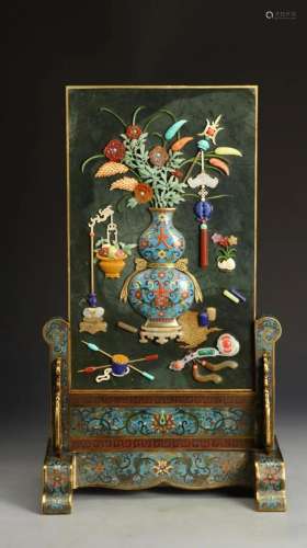 CHINESE GEMSTONE INLAID CLOISONNE PLAQUE TABLE SCREEN