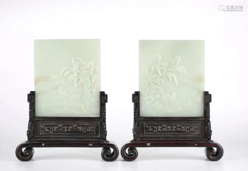 Pr Chinese Carved Jade Plaque Table Screens