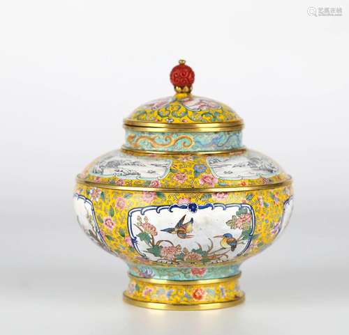 Chinese Yellow Ground Enamel on Copper Jar