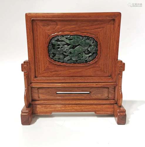 Chinese Huanghuali Wood Table Screen w. Jadeite