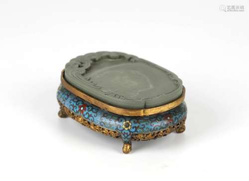 Chinese Duan Ink Stone w Cloisonne Stand