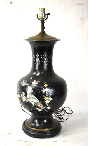 Chinese Black Copper Lamp w Mother Pearl Inlaid