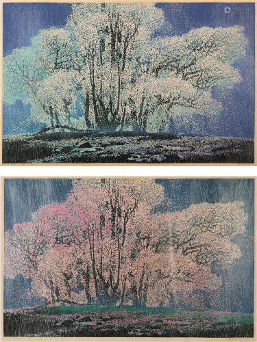 1947～ 陈玉平 版画《花雨》两幅