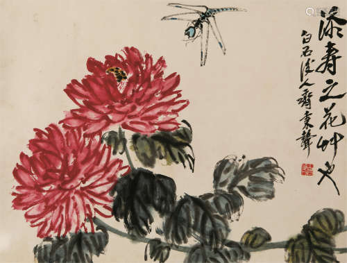 1932～ 齐秉声 国画《添寿之花》 托片 纸本