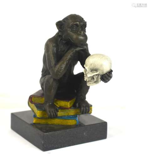 Bronze Monkey Figure w. Skull Signed