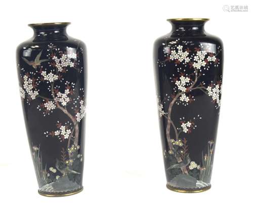 Pr Japanese Black Cloisonne Vases w Tree