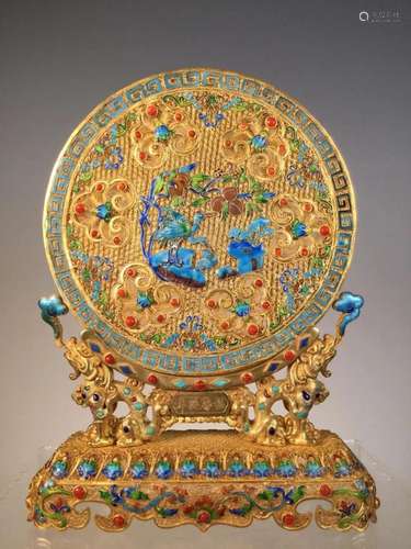 GEMSTONE INLAID ENAMELED GILT SILVER TABLE SCREEN