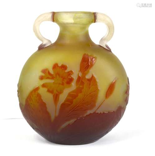 Galle Art Glass Brown & Yellow Vase w Handles