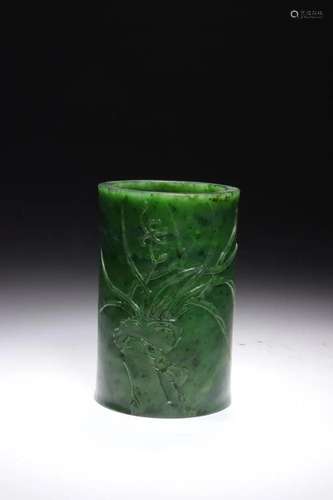 JASPER CARVING 'ORCHID' BRUSH POT