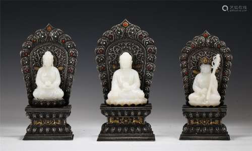 A Group of Jade Budda Statues with Silver Inlaid Stands