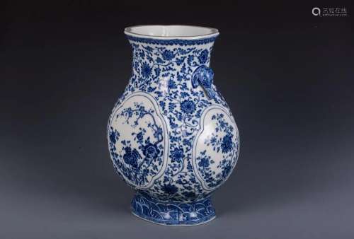 BLUE AND WHITE OPENFACE FLORAL ZUN VASE
