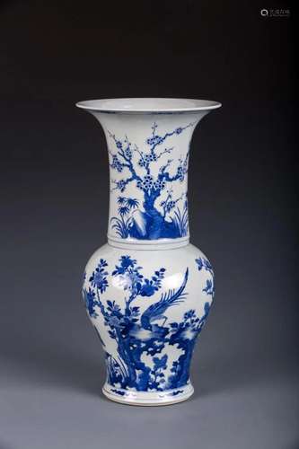 BLUE AND WHITE PANORAMIC PHOENIX TAIL VASE