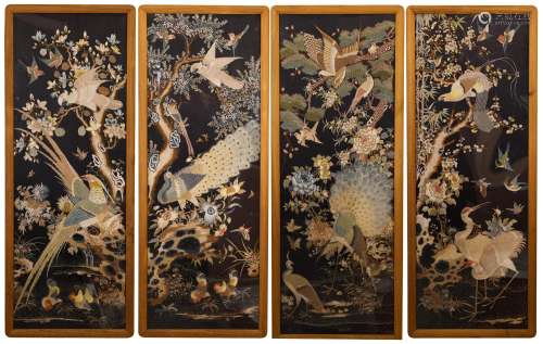 A Group of Four Framed Embroideries of Floral and Birds