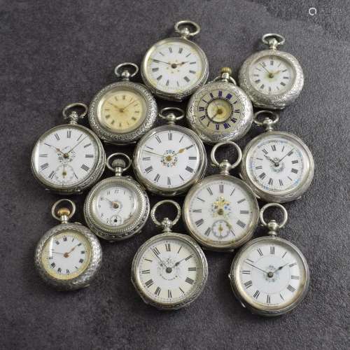 Set of 12 cylinder ladies pocket watches in silver