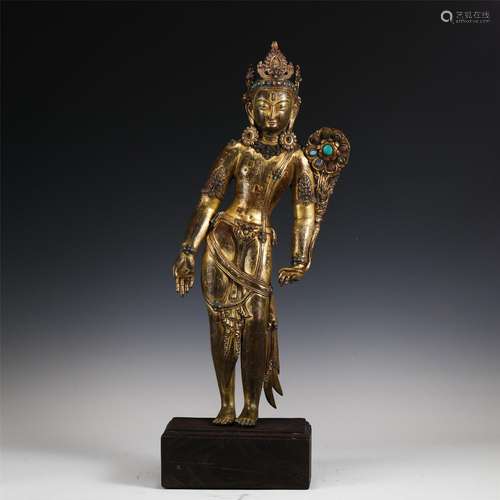 A Hardstones Inlaid Gilt Bronze Buddha Statue