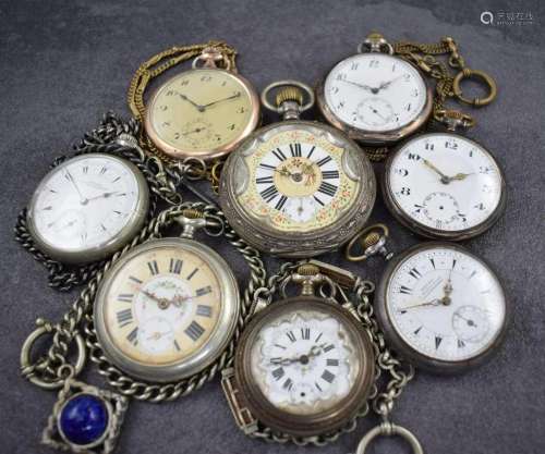 8 open face pocket watches in silver