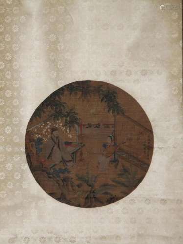 TANG YIN, ROUND FAN LEAF FIGURAL PAINTING