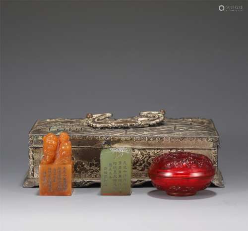 Two Inscribed Soapstone Seals and Ink-paste Box