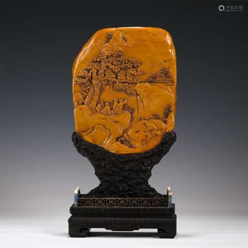 A Soapstone Landscape and Figures Table Screen