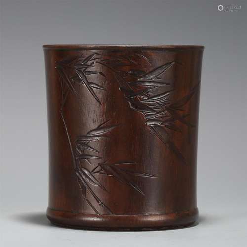 A Hardwood Brush Pot Engraved with Bamboos