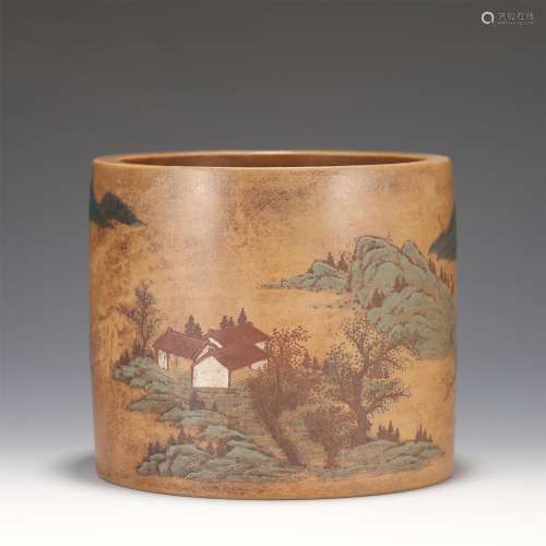 A Polychrome Painted Yixing Clay Brush Pot