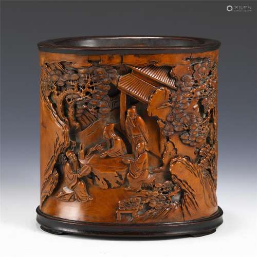 A Carved Figures Story Hardwood Brush Pot