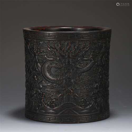 A Hardwood Brush Pot Engraved with Dragons