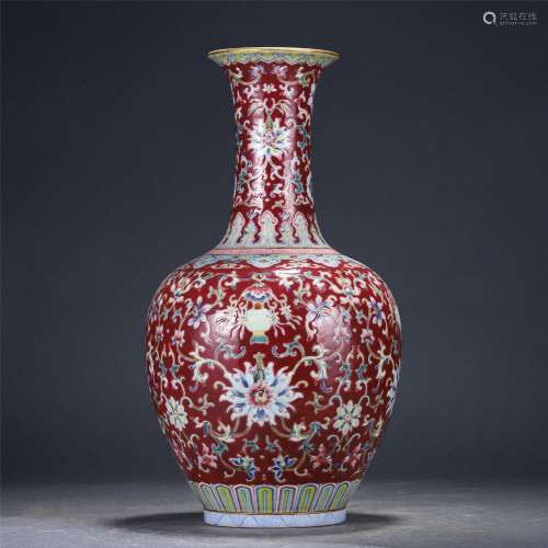 An Iron-red Ground Famille Rose Porcelain Vase