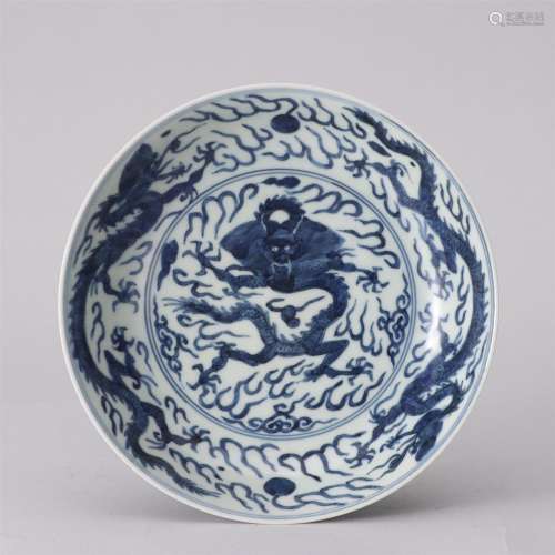 A Blue and White Dragons Porcelain Plate