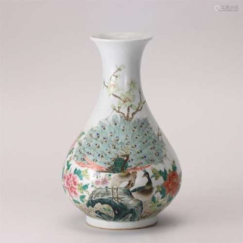 A Famille Rose Floral and Peacocks Porcelain Vase