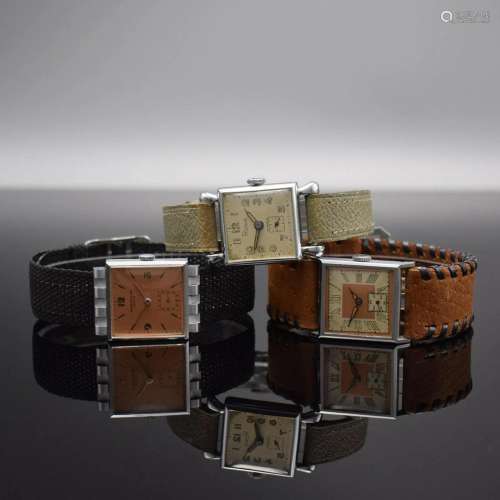 3 manual wound rectangular chrome plated wristwatches