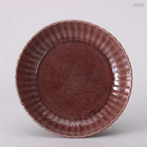 A Red Glaze Incised Beast Pattern Porcelain Plate