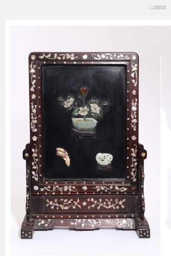 JADE&MOTHER-OF-PEARL INLAID ROSEWOOD TABLE SCREEN