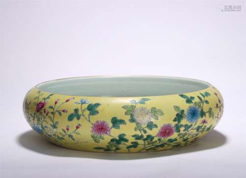 A Yellow Ground Famille Rose Floral Porcelain Washer