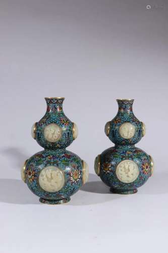 JADE INLAID CLOISONNE ENAMELED BRONZE VASES, PAIR