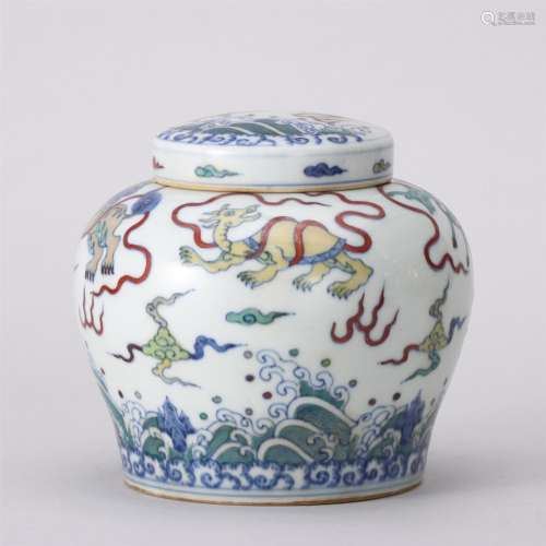 A Doucai Mythical Beasts Porcelain Jar and Cover