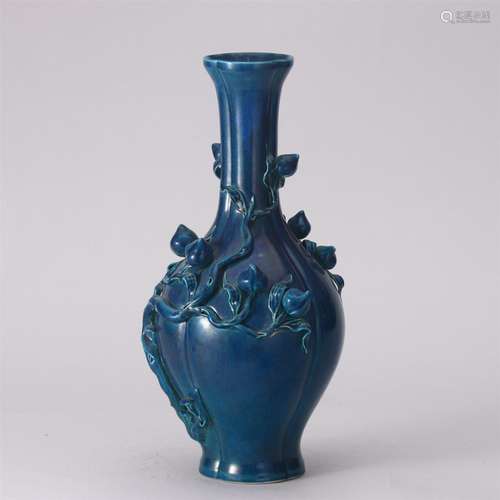 A Blue Glaze Lobed Vase with Relief Peaches