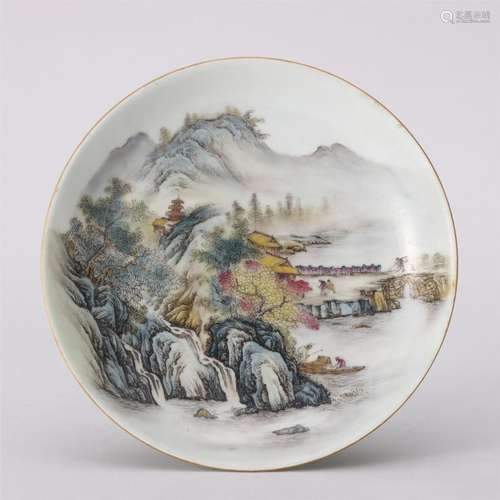 A Yellow Glaze and Famille Rose Landscape Plate